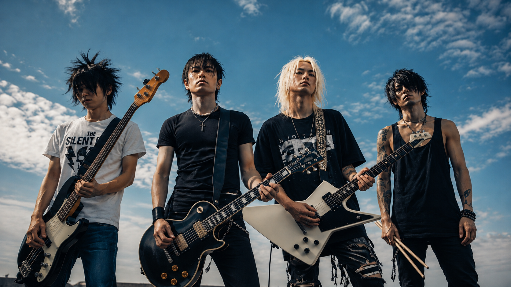 左からTAKA（ベース）、SAN（ボーカル・ギター）、URA（ギター）、AKI（ドラム）