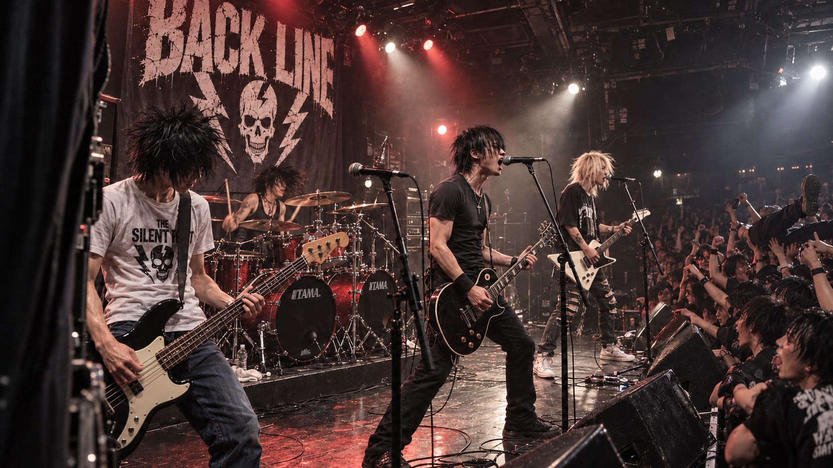 赤と白の照明のなか、熱狂する観客に向かって演奏するBACK LINEの4人